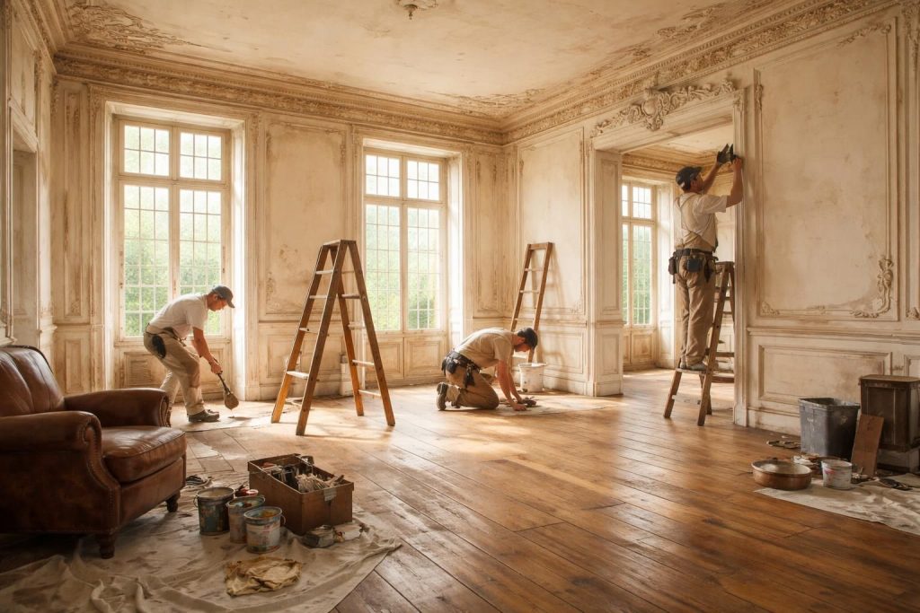 Restaurer une maison de famille avec plancher ancien et moulures décoratives authentiques